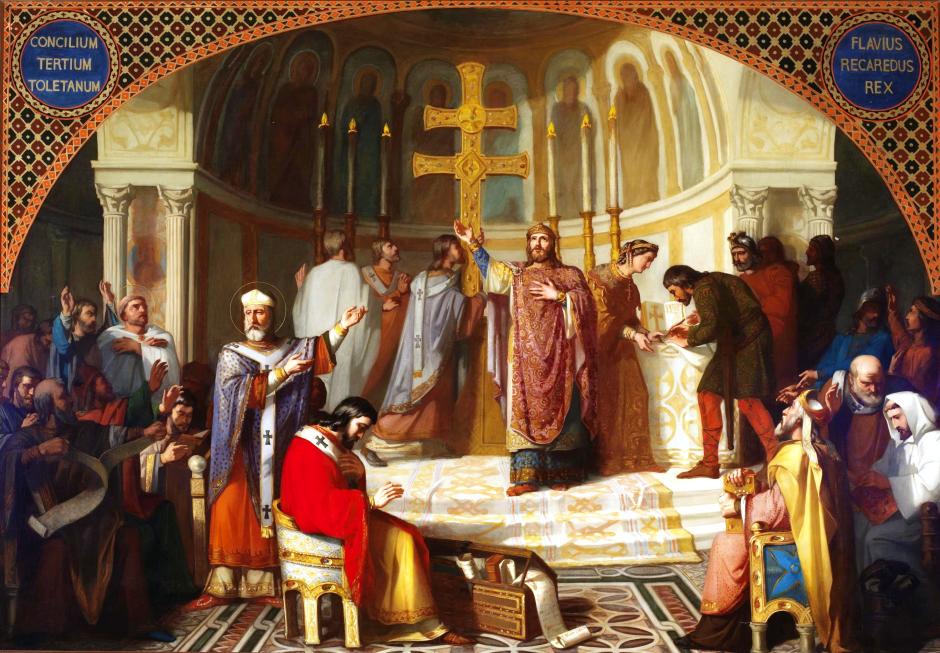 El lienzo representa el III Concilio de Toledo, celebrado en la ciudad de Toledo en el año 589, durante el reinado de Recaredo, quien abandonó el arrianismo y se convirtió al catolicismo
