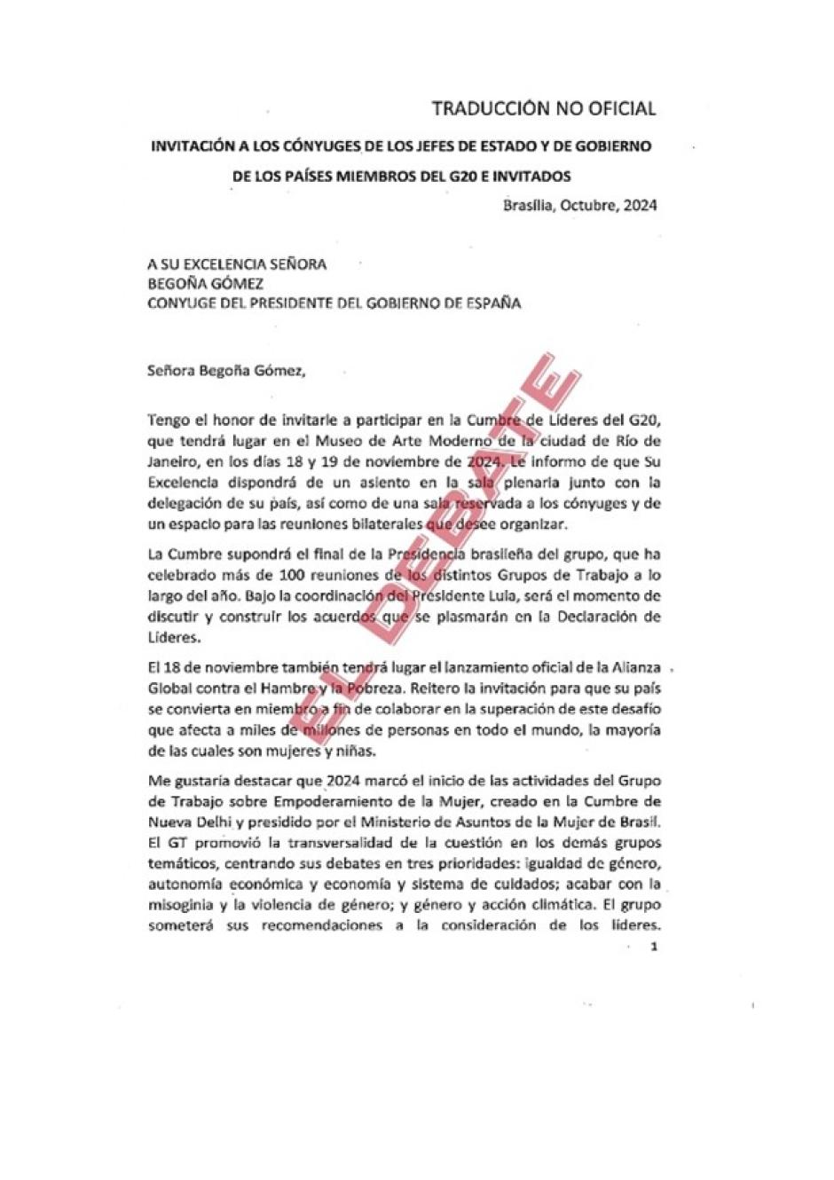 Invitación dirigida a Begoña Gómez para asistir a la Cumbre del G20