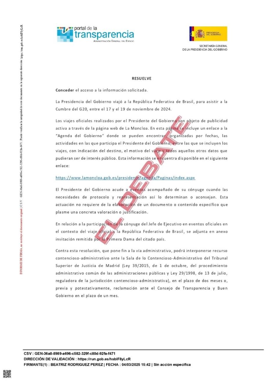 Resolución del Portal de Transparencia a la que ha accedido El Debate