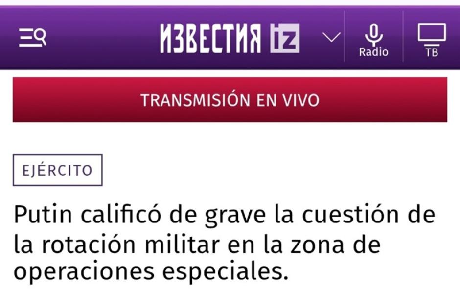 Captura de pantalla de una noticia del portal ruso Izvestia