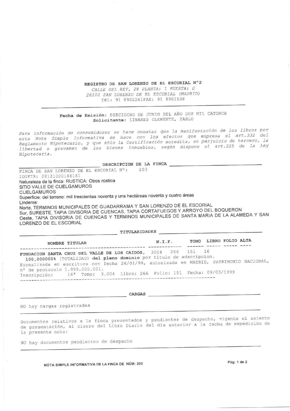 El documento del Registro de la Propiedad que prueba que el Valle de los Caídos pertenece a la pía fundación
