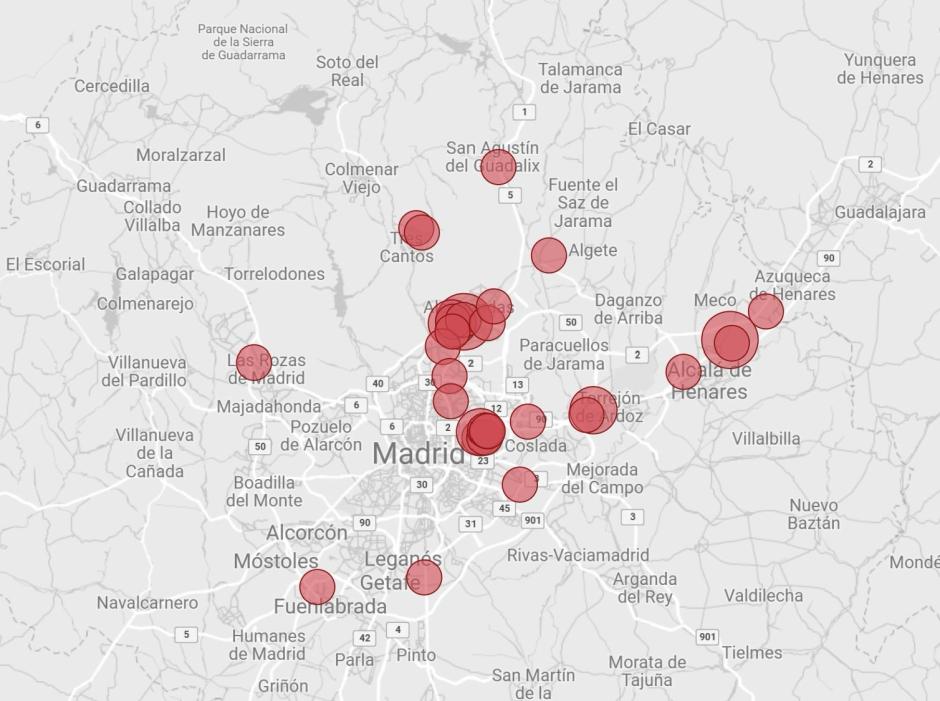 Mapa de los centros de procesamiento de datos en Madrid