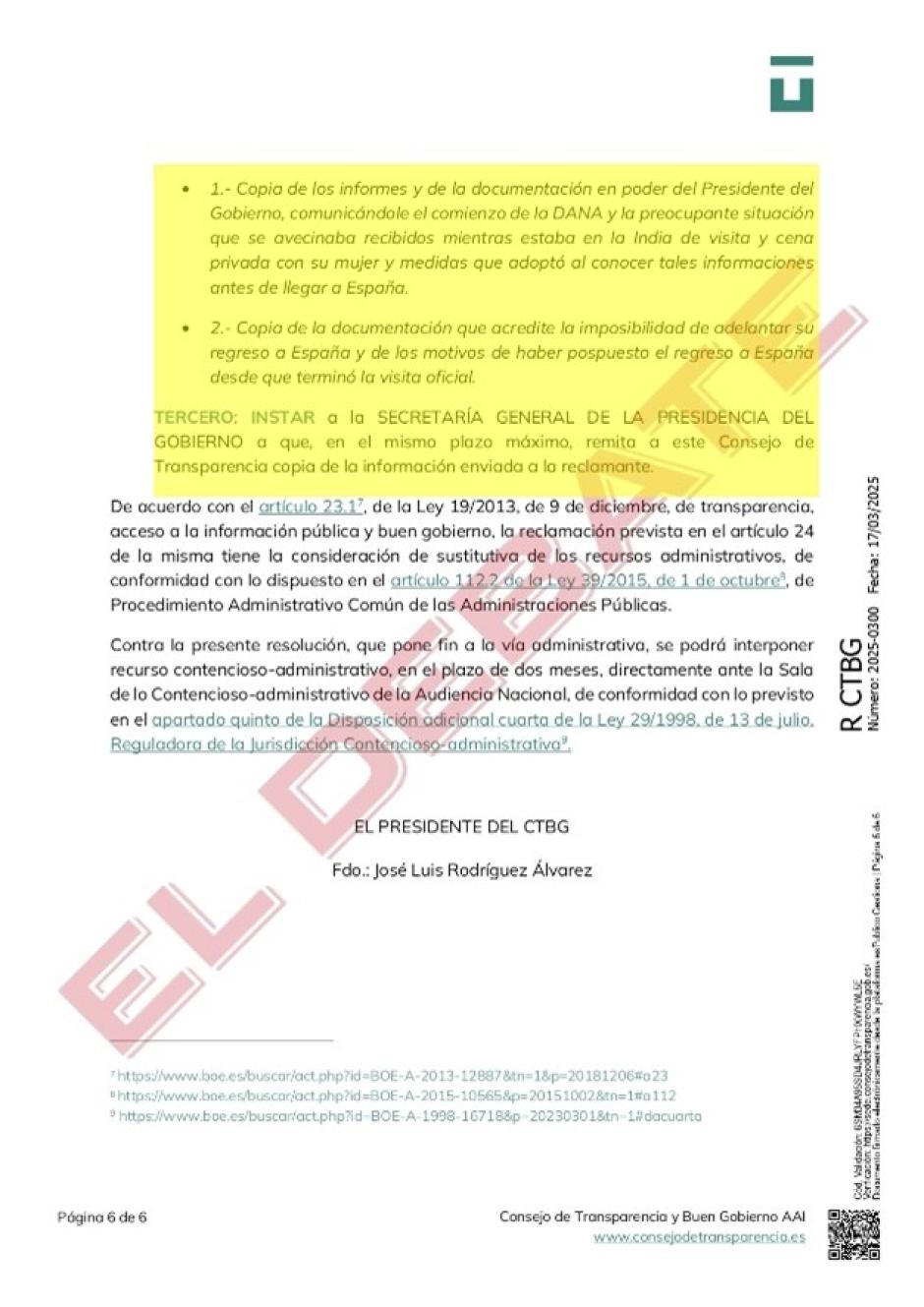 Fallo de la resolución documentos que el Gobierno deberá hacer públicos