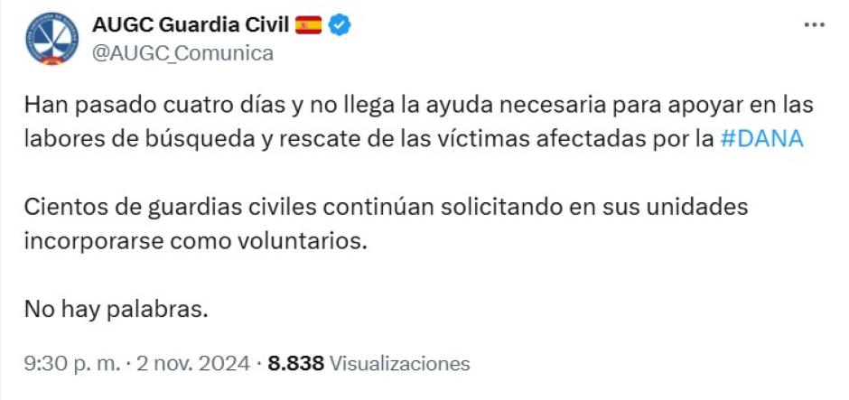 Mensaje en X de la Asociación Unificada de Guardias Civiles