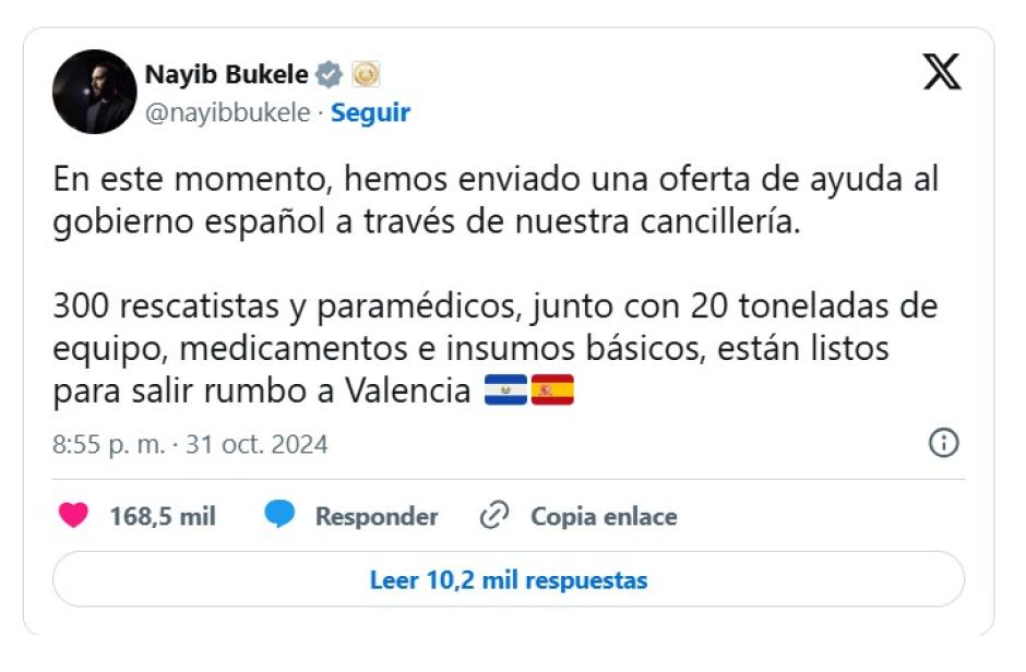 Mensaje del presidente de El Salvador en X