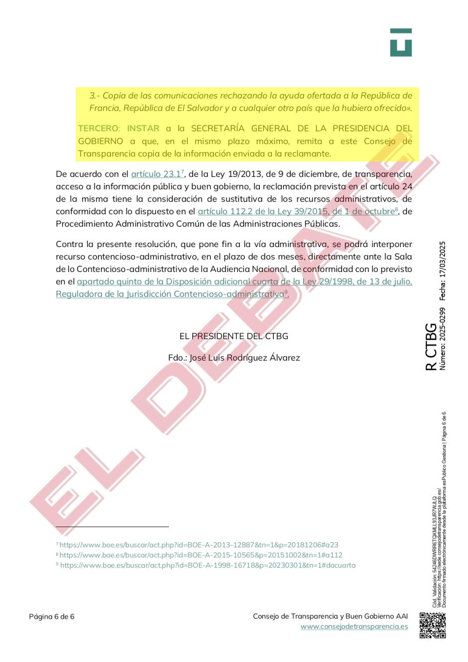 Fallo de la resolución: documentos que debe hacer públicos el Gobierno