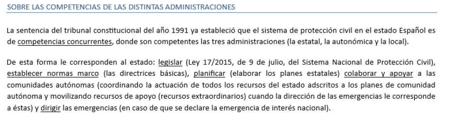 Extracto del informe sobre la dana explicando el ámbito competencial