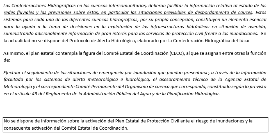 Parte del informe en el que se refiere al Plan Estatal ante el riesgo de inundaciones