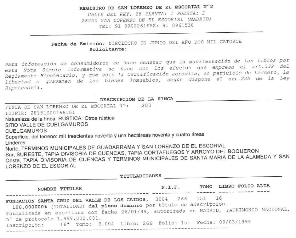 El documento del Registro de la Propiedad de San Lorenzo de El Escorial que prueba la titularidad del Valle