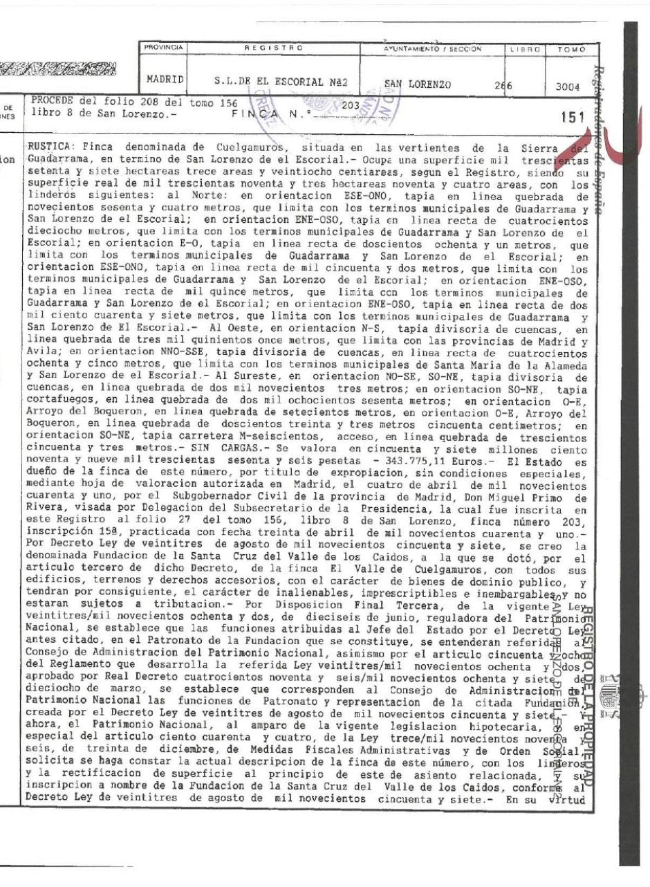 Nota del Registro de la Propiedad de 1987 donde se establece la gestión de Patrimonio Nacional