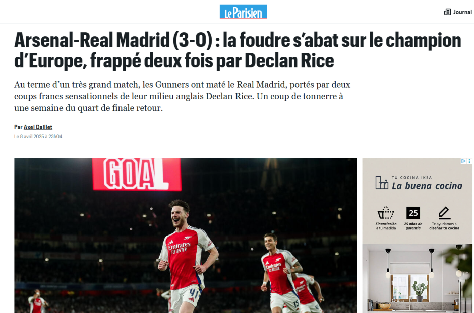 El diario francés titula con "un rayo cae sobre el campeón" y ensalza el magnífico partido que cuajó el Arsenal