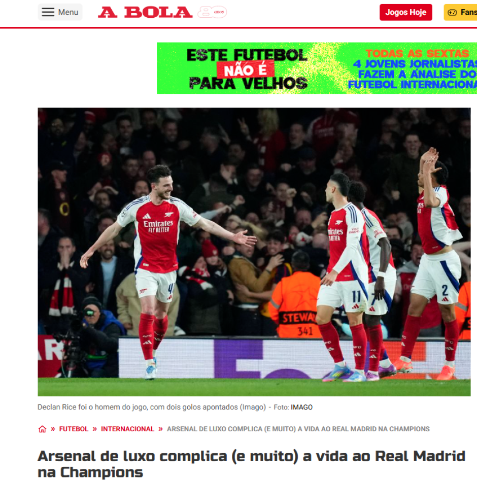 El periódico portugués titula con que el "Arsenal complica y mucho la vida al Real Madrid"