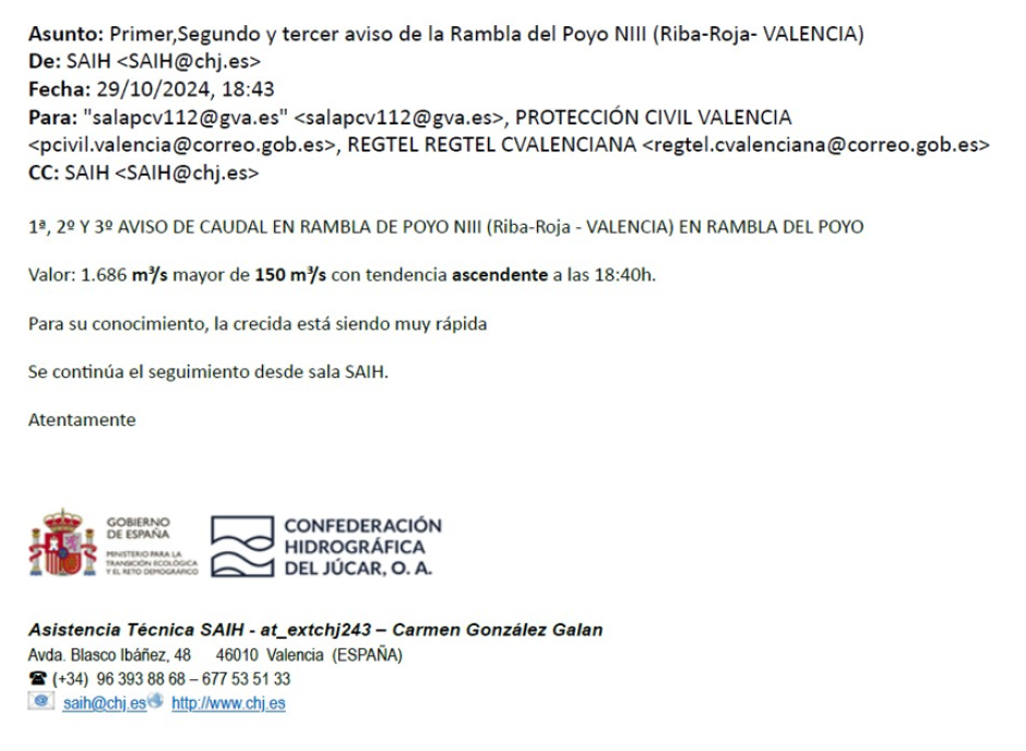 Correo electrónico remitido por la CHJ a Emergencias de la Generalitat Valenciana