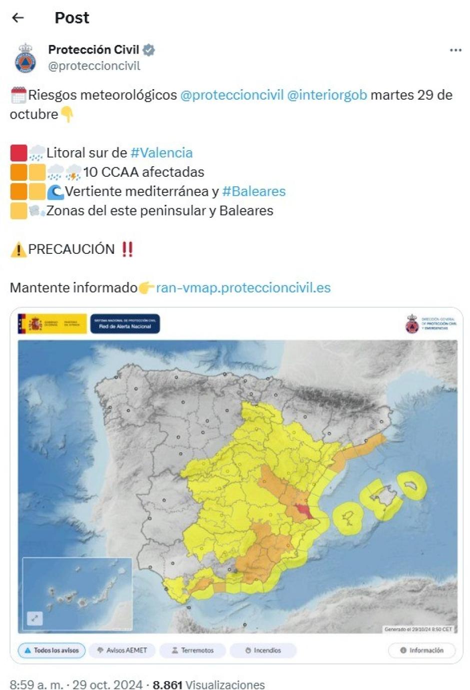 Alerta de Protección Civil del Ministerio del Interior del 29 de octubre