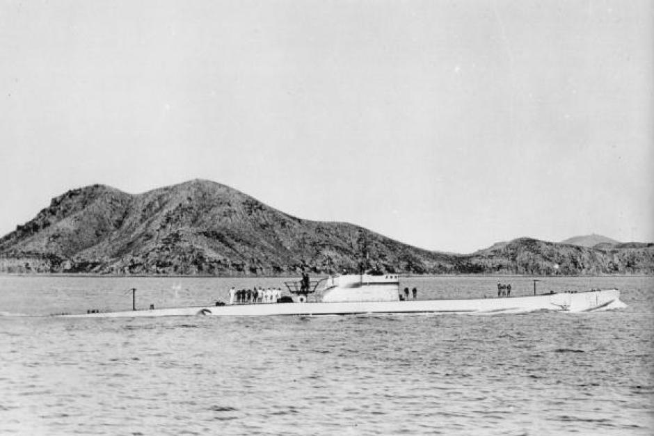 Submarino alemán UIT24 en el Mar Interior, Japón, agosto de 1944. El antiguo submarino italiano Comandante Cappelini, fue posteriormente operado por la Armada japonesa como I-503