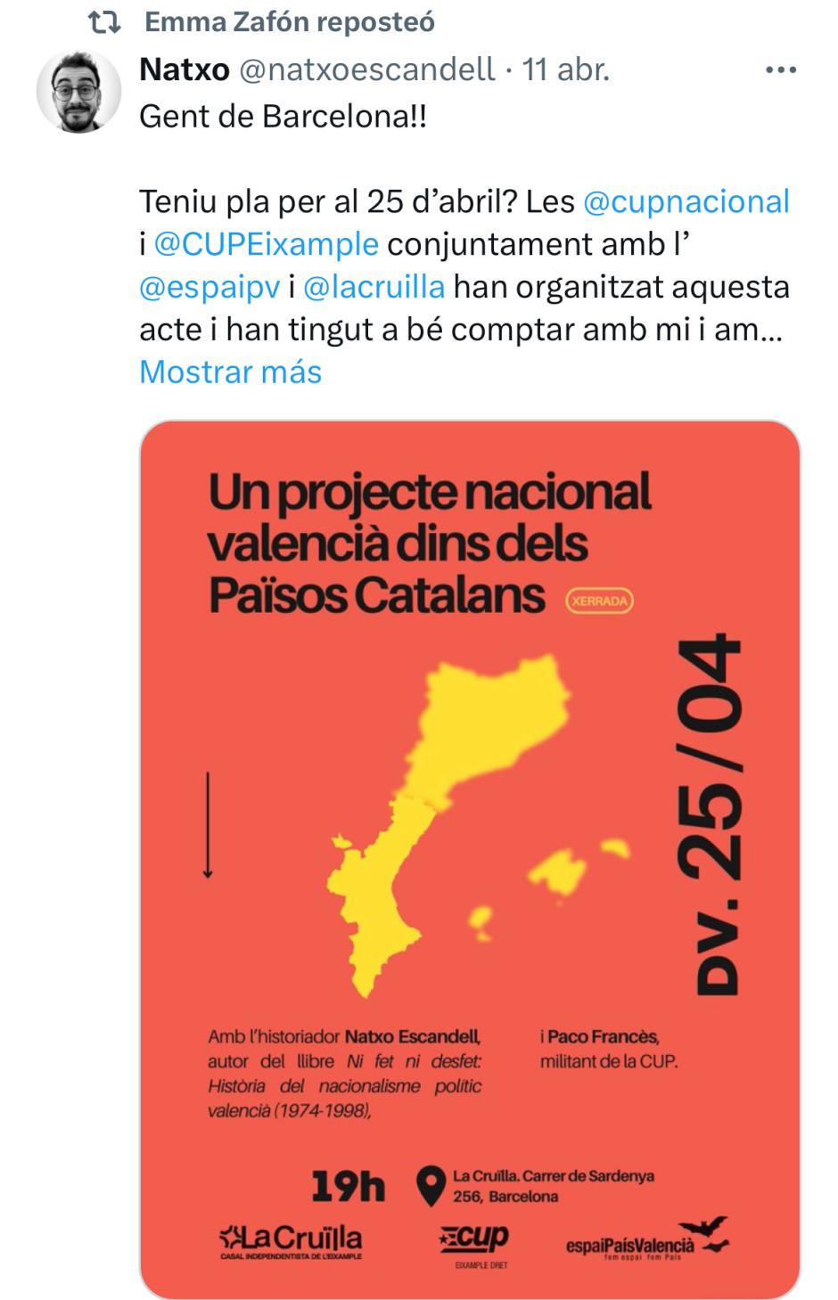 Recomendación independentista publicitada por Emma Zafón en X