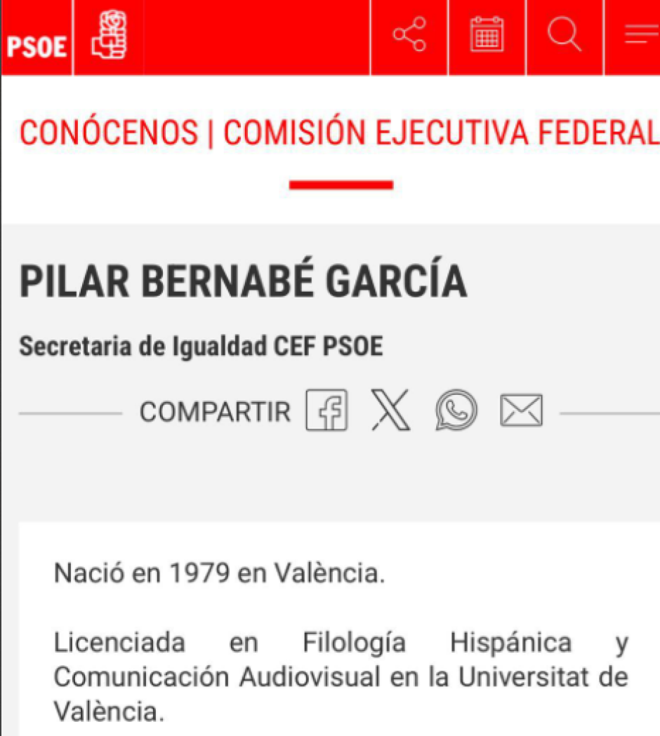 Pantallazo de la página web del PSOE donde figuraba Pilar Bernabé como "licenciada"