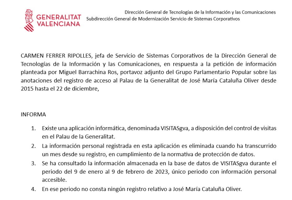 Respuesta de la Generalitat en tiempos de Ximo Puig sobre las grabaciones del Palau de la Generalitat