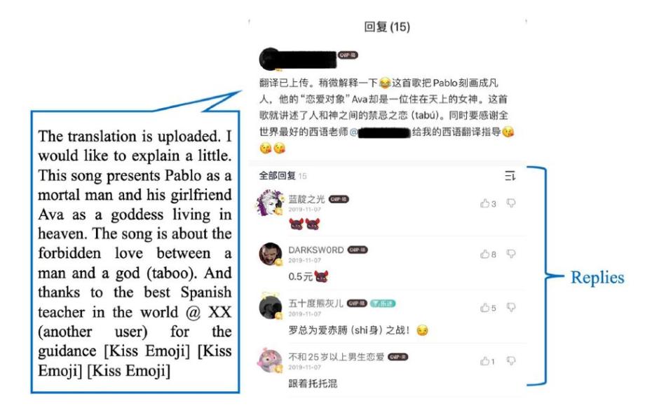 Ejemplo de comentario de uno de los traductores no profesionales de canciones españolas al chino y de las respuestas recibidas por sus seguidores, analizado por el estudio de la UPF