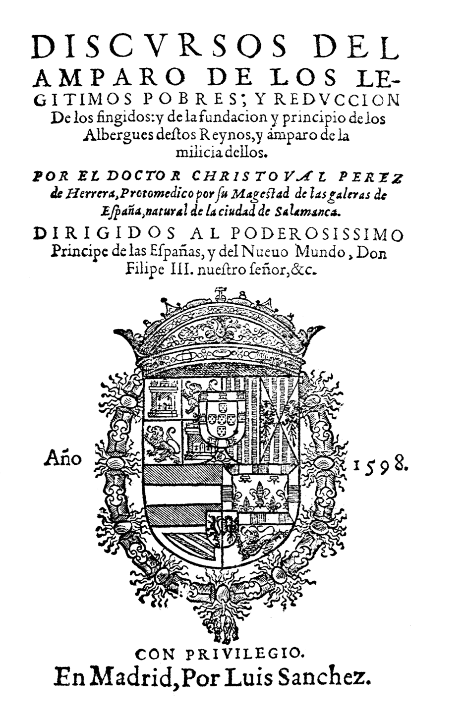 Portada del libro: Discursos del amparo de los legítimos pobres (1598)