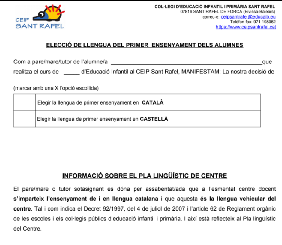 Escrito de matrícula de uno de los centros de Baleares