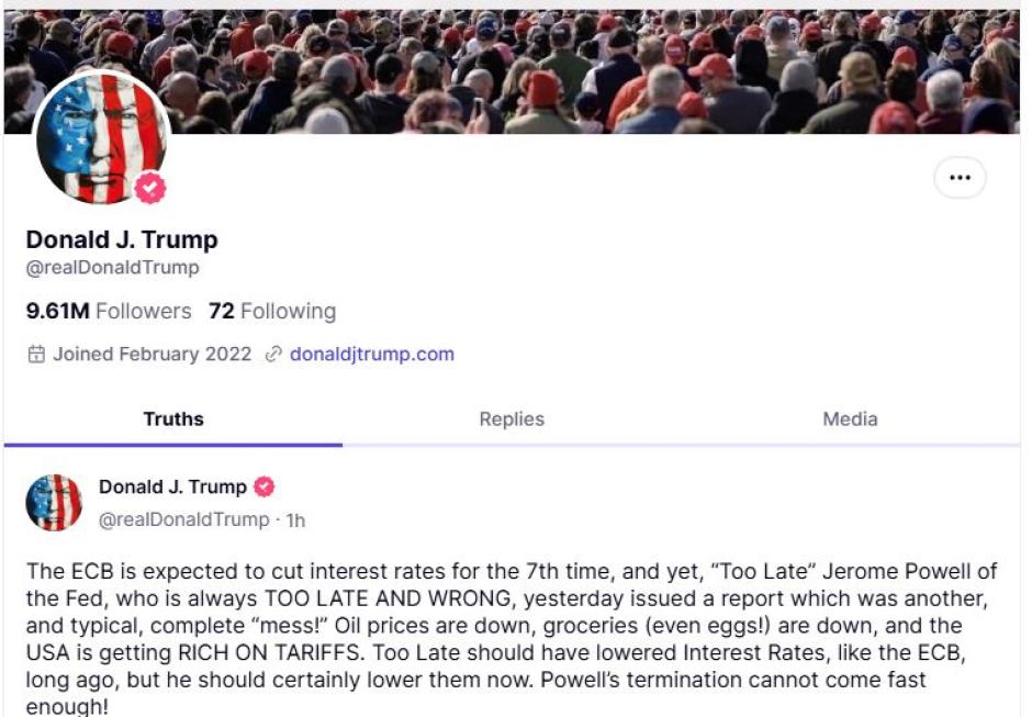 Donald Trump sobre el presidente de la Reserva Federal en su red social