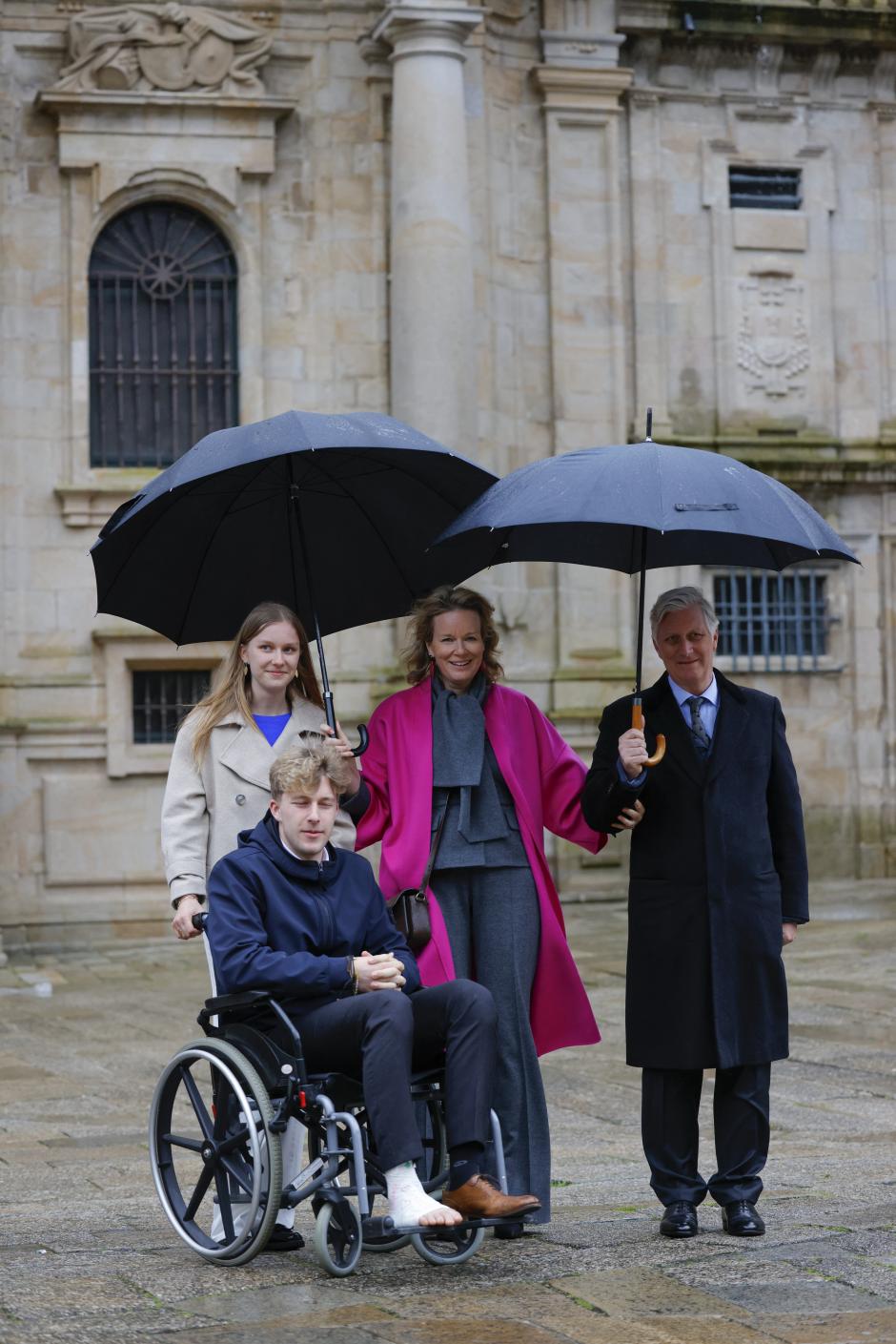 King Philippe and Queen Mathilde of Belgium, accompanied by three of their four children - Princes Gabriel and Manuel and Princess Leonor in Santiago de Compostela, in the cathedral, specifically at the Mass of the Lord's Supper in the cathedral