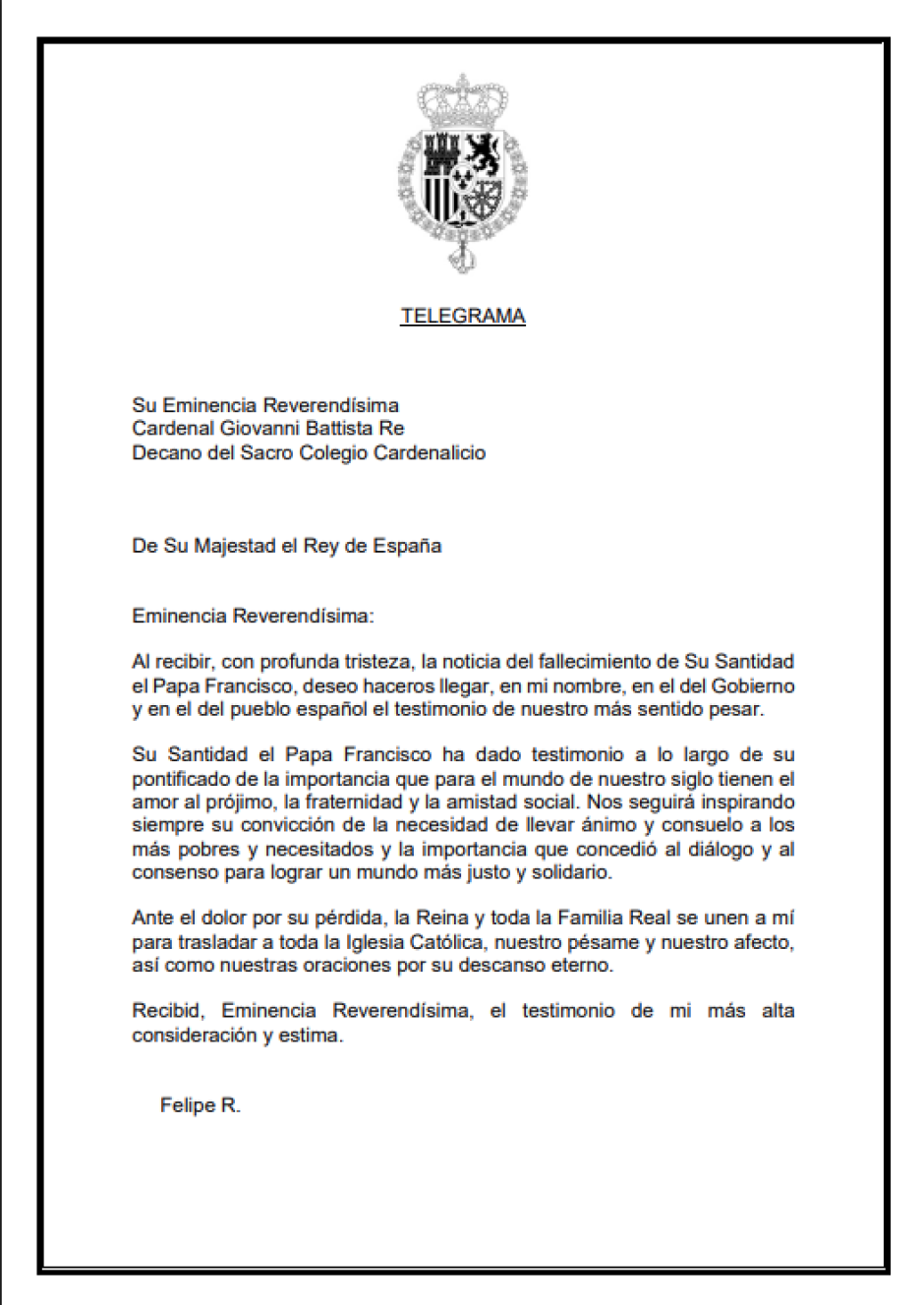 Telegrama enviado por el Rey con motivo del fallecimiento del Papa Francisco