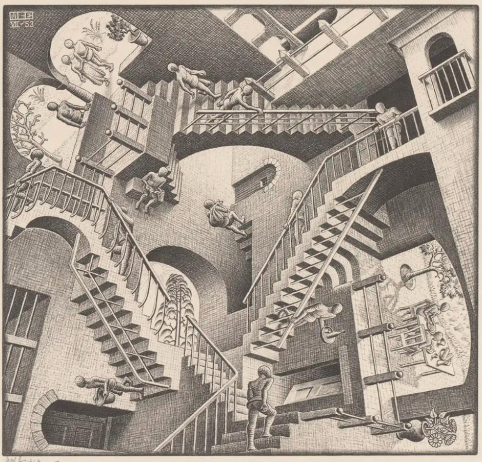 Otra de las obras maestras de Escher es Relativity, litografía donde, una vez más por medio de perspectivas imposibles y múltiples puntos de vista imposibles, lleva al espectador a la confusión más absoluta, a dudar de qué es real y qué no lo es, donde las leyes de la gravedad se convierten en papel mojado en medio de una arquitectura completamente irreal.