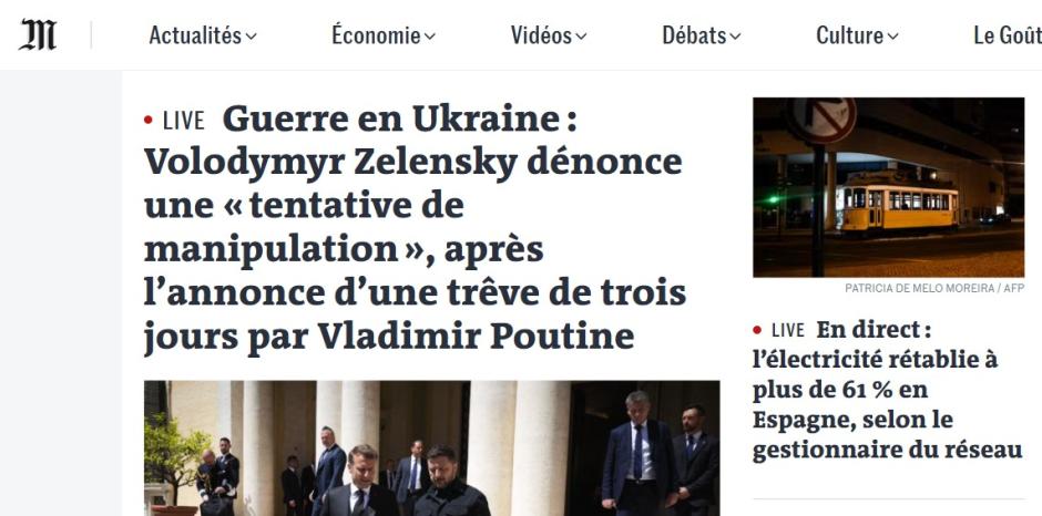 El diario francés 'Le Monde' abre su periódico con directo sobre el apagón masivo en el que explican que el suministro eléctrico se ha recuperado ya por encima del 61 % en España, según el gestor de la red eléctrica.