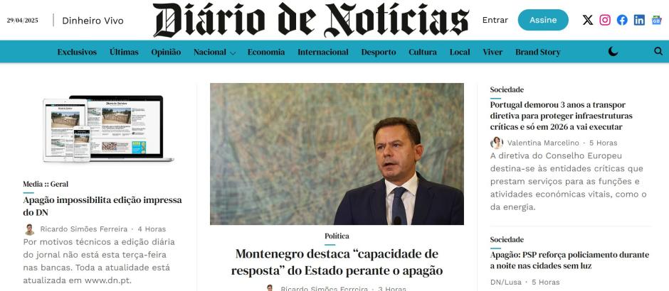 El diario portugués 'Diário de Notícias' abre con las declaraciones de su primer ministro, que destaca la "capacidad de respuesta" del Estado ante el apagón eléctrico. En Portugal confían en que too el país amanezca con la energía restablecida este martes.