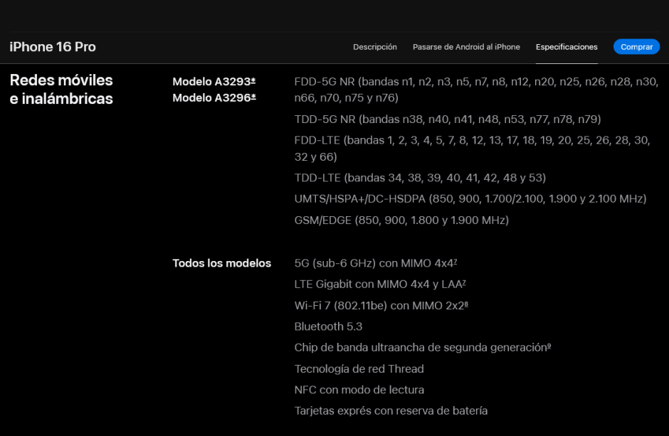 Conexiones de red del iPhone 16 Pro y iPhone 16 Pro Max