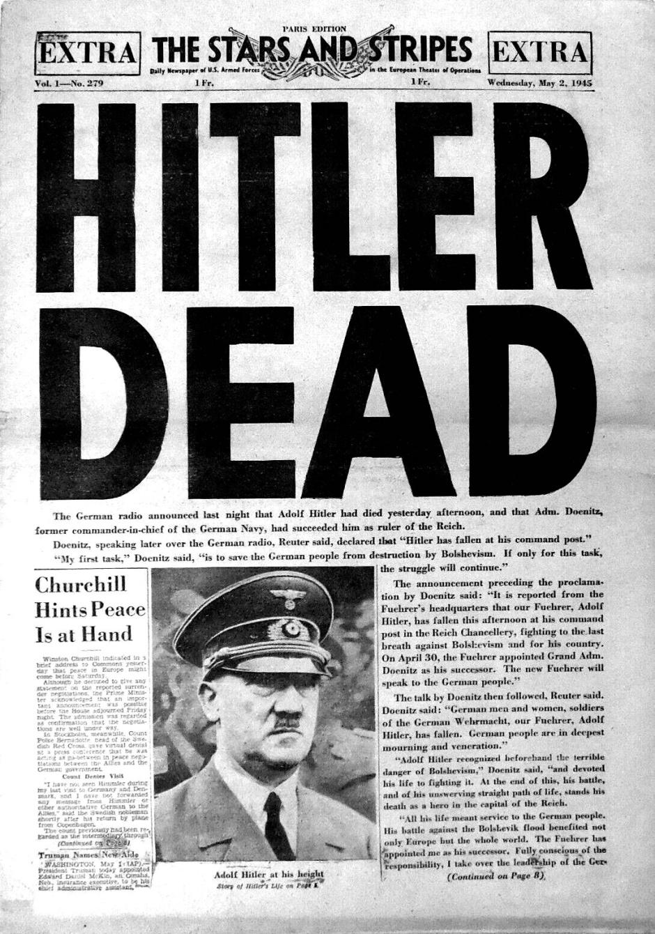 Portada del diario militar estadounidense The Stars and Stripes con fecha del 2 de mayo de 1945