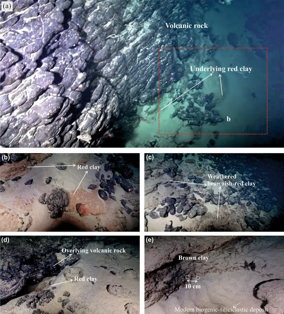 Imágenes de alta definición capturadas por el ROV HyBIS en la inmersión número 33 que muestran arcillas de diferentes colores rojo y marrón entre el flujo de lava de color oscuro expuesto en el escarpe sur del Rift Cruzeiro do Sul