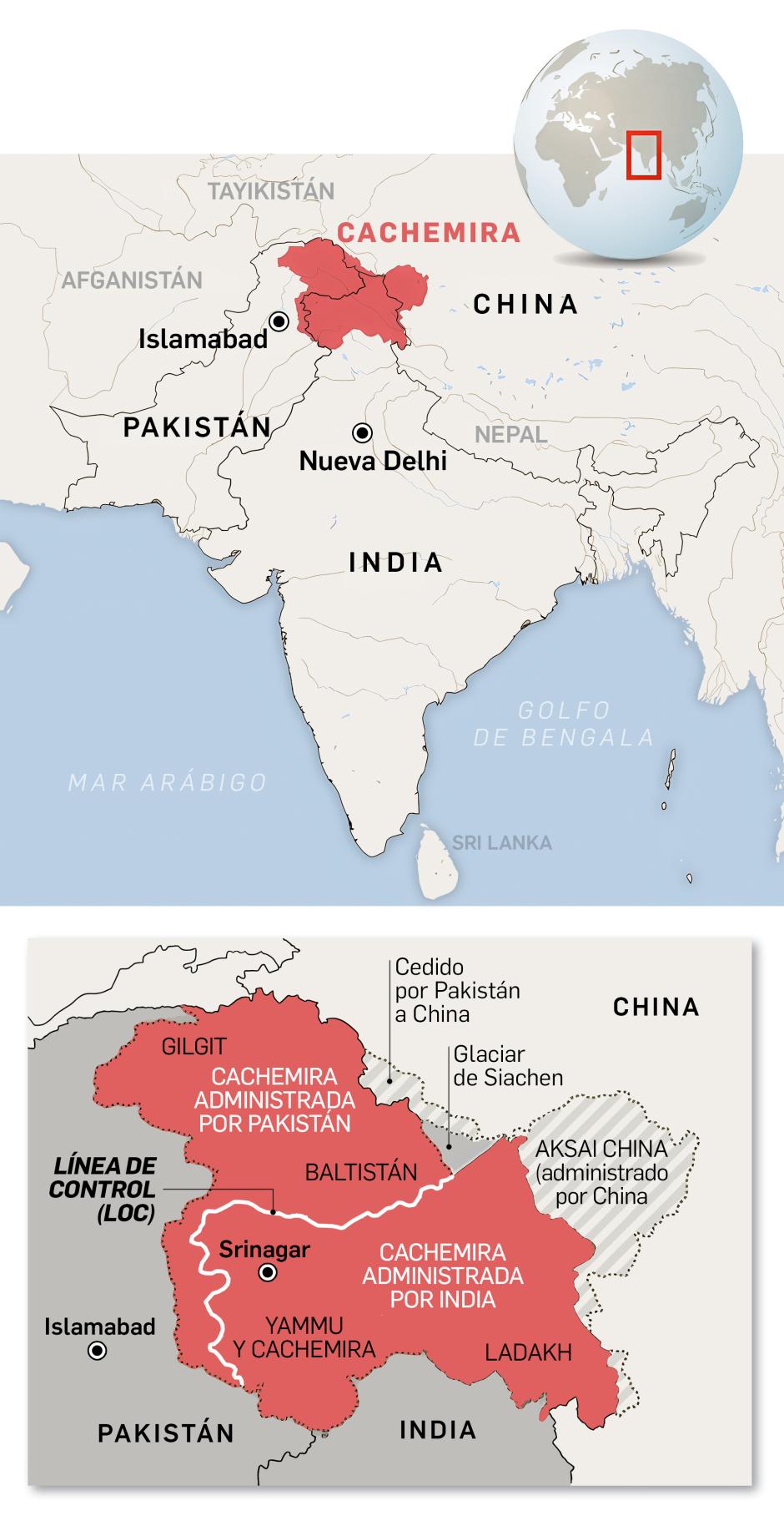 Mapa de Cachemira y el conflicto entre India y Pakistán