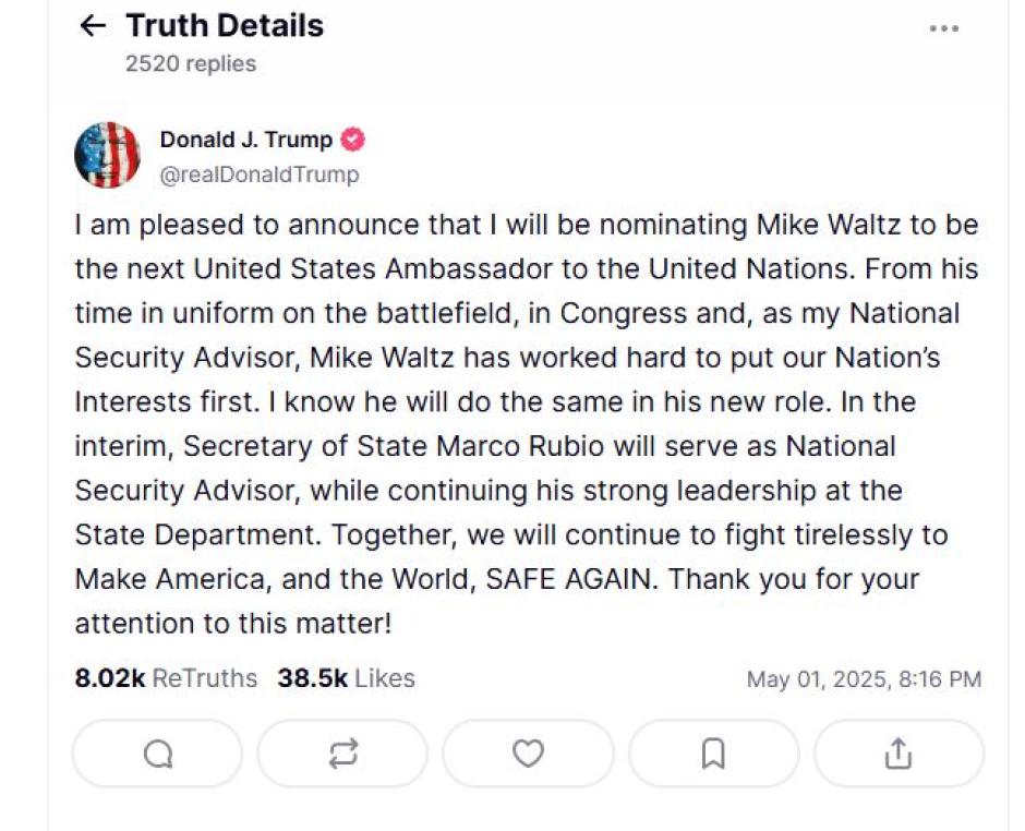 Captura de pantalla de Trump en Truth Social con el cese Waltz