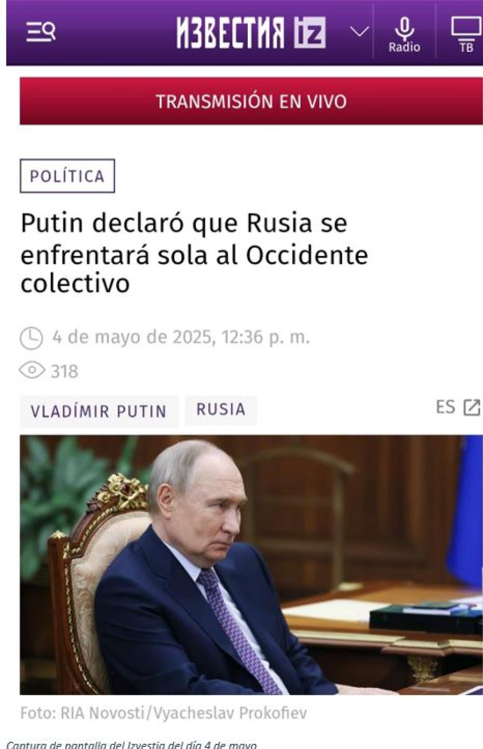 Captura de pantalla del Izvestia del día 4 de mayo