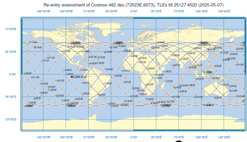 Mapa y posibles trayectorias donde la sonda soviética Cosmos 482 podría caer el próximo 10 de mayo