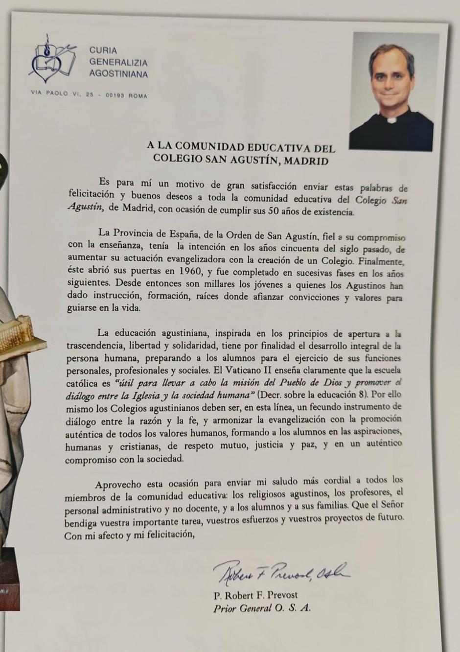 Imagen de la carta del entonces Prior General de la Orden de San Agustín