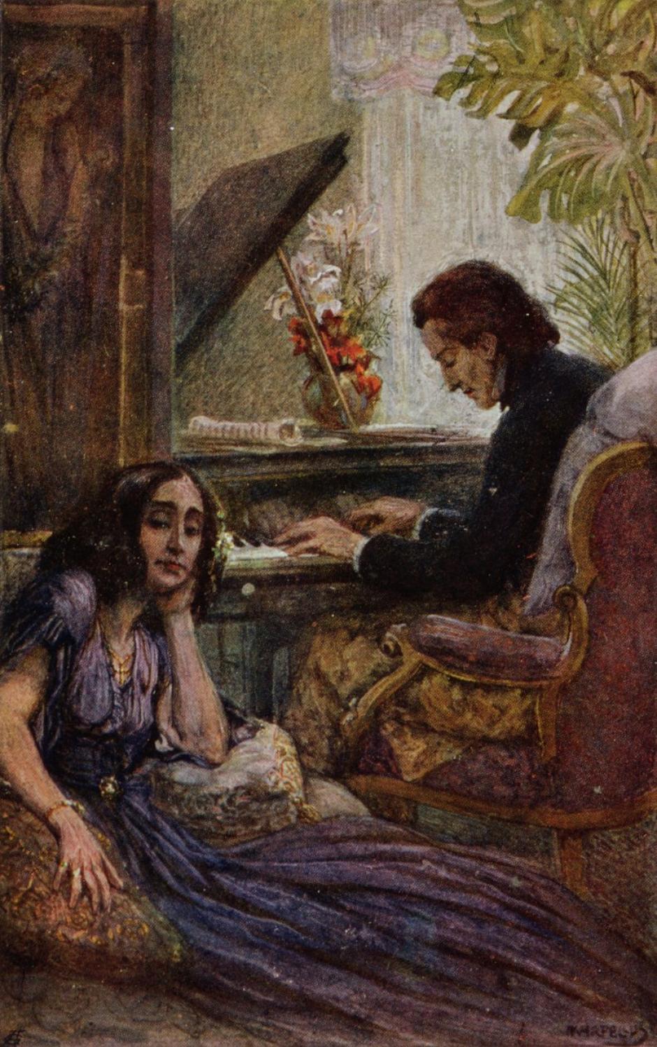 Postal que representa a George Sand escuchando a Frederic Chopin tocar el piano, 1917. Obra de Adolf Karpellus