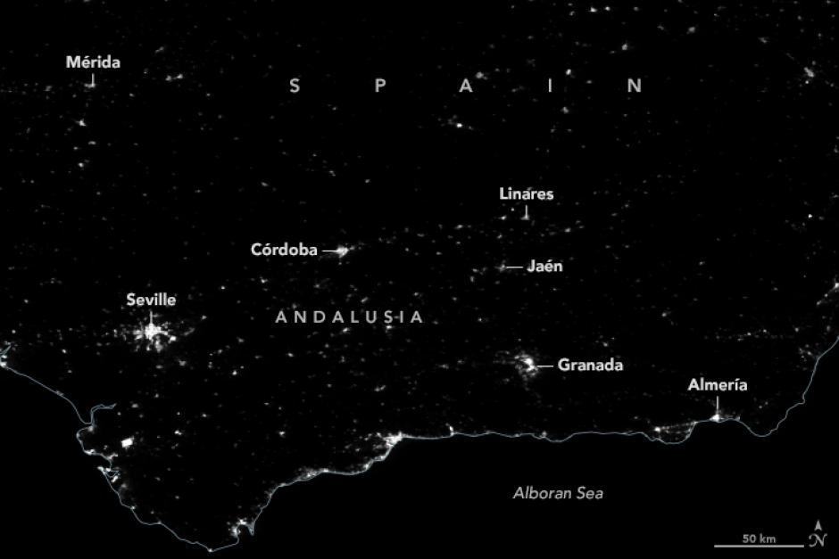 Vista de Andalucía desde el espacio horas antes antes del apagón