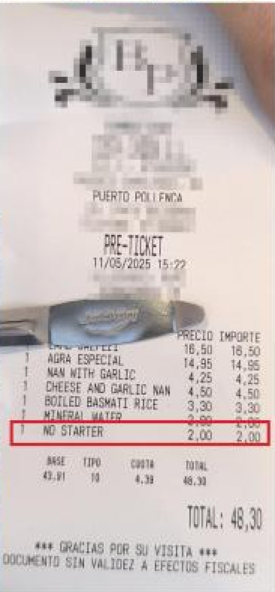 Ticket del restaurante