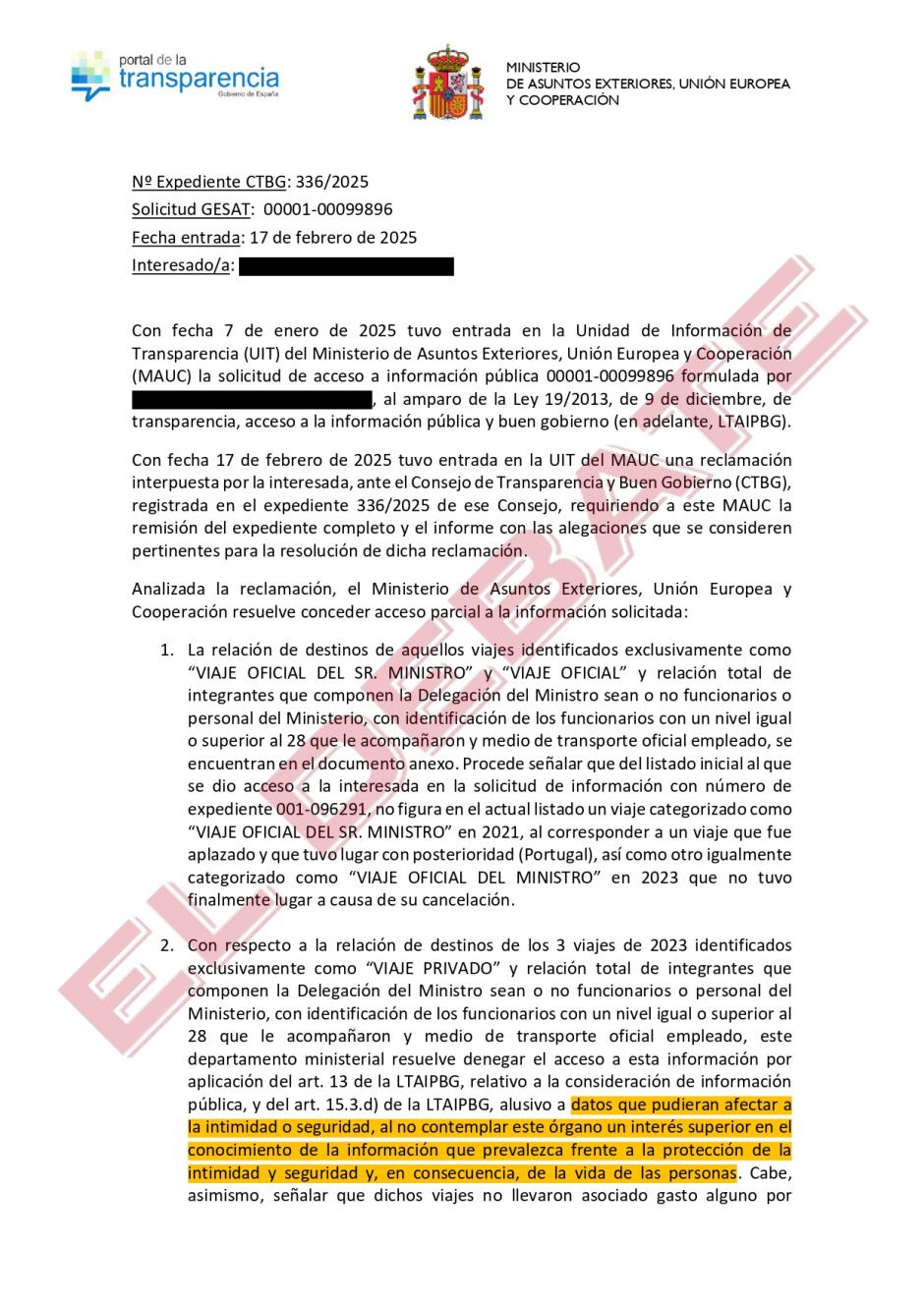 Resolución de los viajes privados de Albares