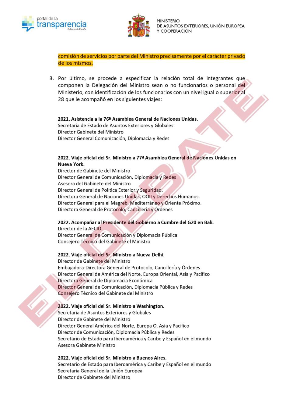 Resolución del Ministerio de Exteriores sobre los viajes privados de Albares