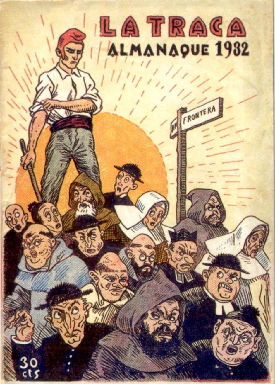 Portada del almanaque correspondiente a 1932 de la revista satírica La Traca, publicado nada más aprobarse la Constitución de 1931, en la que se declaraba el carácter laico del Estado