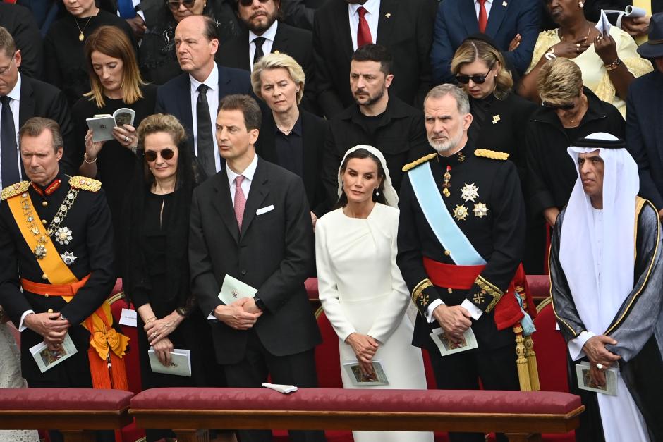 (From L) Henri, Grand Duke of Luxembourg, Liechtenstein's head of state Prince Alois and his wife Duchess Sophie, Spain's Queen Letizia and Spain's King Felipe VI and Sheikh Saud bin Saqr al Qasimi, ruler of the UAE's Emirate of Ras al-Khaimah attend a Holy Mass for the Beginning of the Pontificate of Pope Leo XIV, in St Peter's square in The Vatican on May 18, 2025. (Photo by Isabella BONOTTO / AFP)