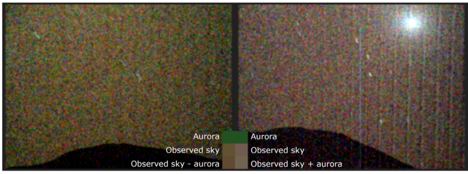 La primera imagen en luz visible de una aurora verde en Marte (izquierda), tomada por el rover Perseverance de la NASA. Una imagen comparativa (derecha) muestra el cielo nocturno sin la aurora, pero con la luna marciana Deimos
