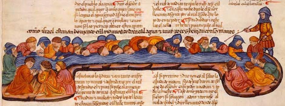 Biblia de Alba, texto sefardí, biblia hebraica traducida al romance: Gedeón selecciona los israelitas para su ejército.
