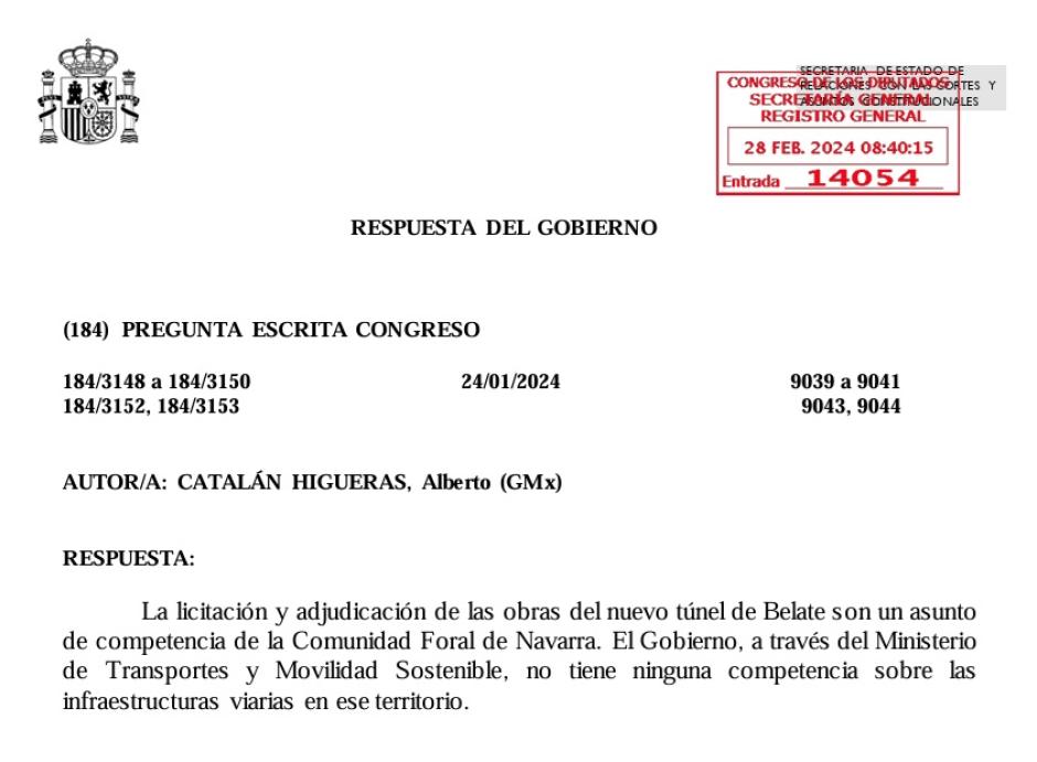 La primera respuesta enviada por el Gobierno al diputado de UPN