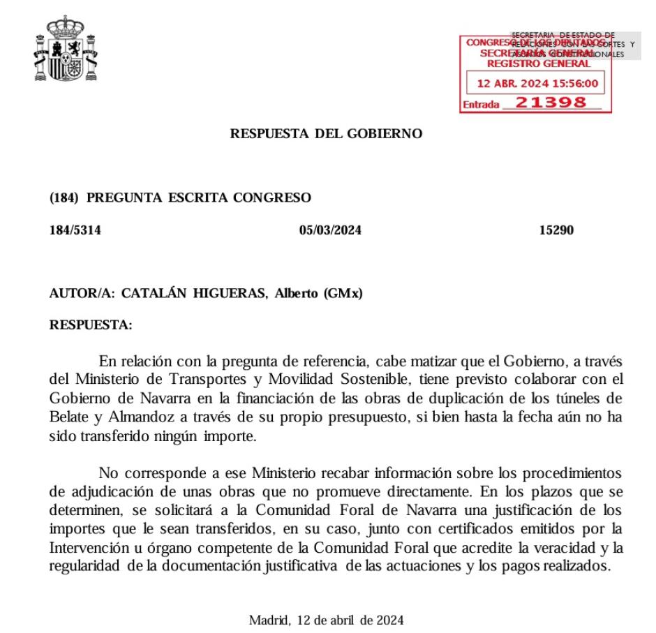 La segunda respuesta del Gobierno sobre el túnel de Belate